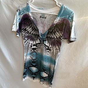 Sinful white, purple, and teal tee